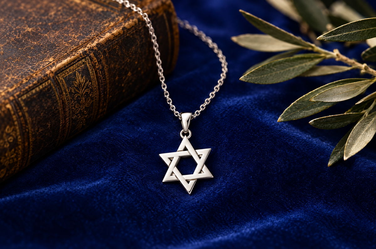 Sterling silver Magen David necklace on royal blue velvet beside an old book