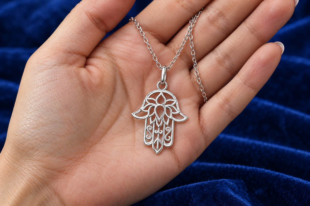 Openwork sterling silver hamsa necklace in an open palm