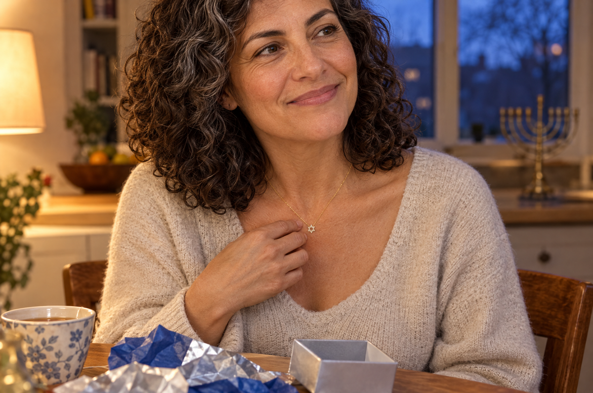 Hanukkah gifts for her: a woman at home wearing a small gold Star of David necklace, 11 x 9.5 mm