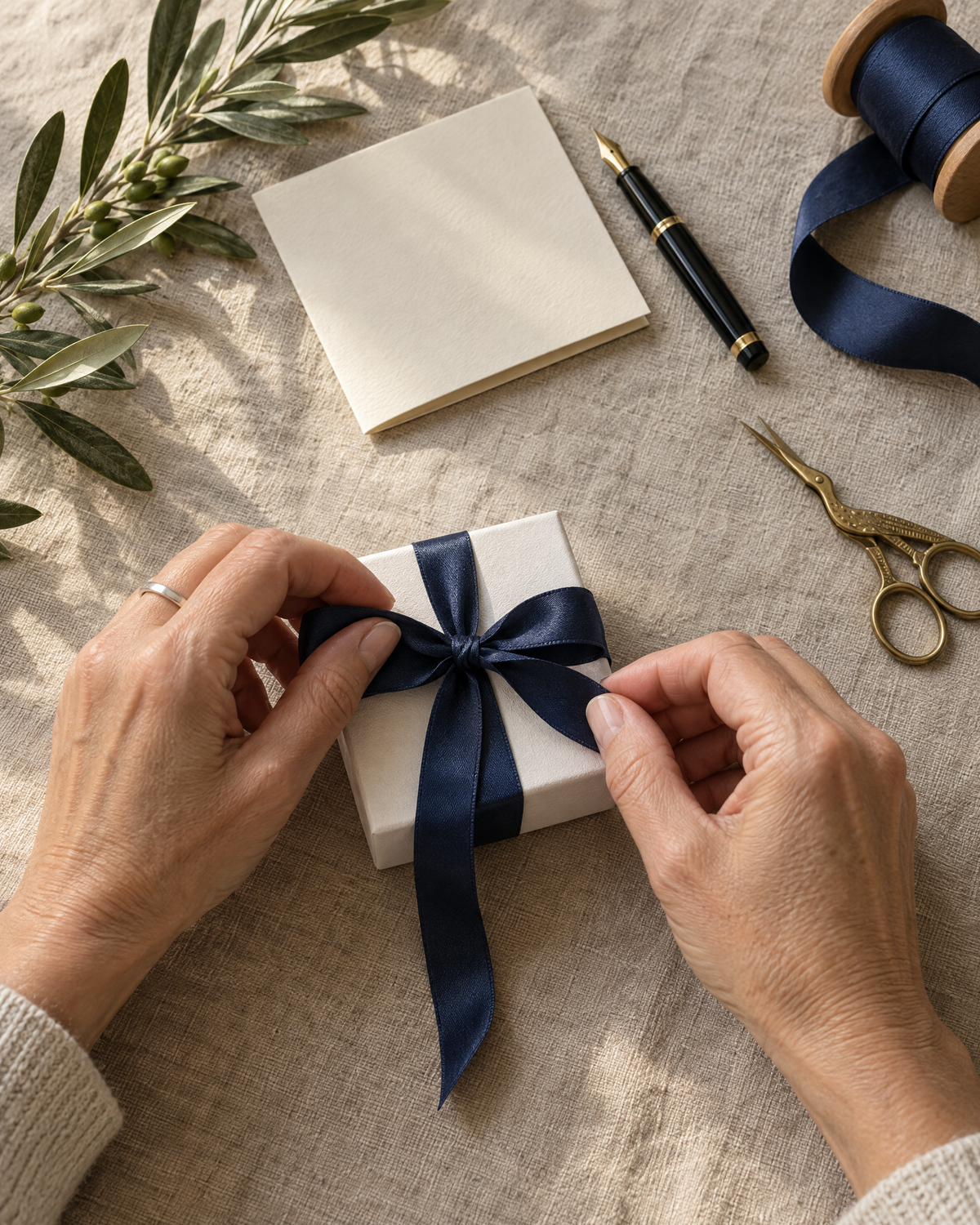 Hands tying a navy ribbon on a small gift box