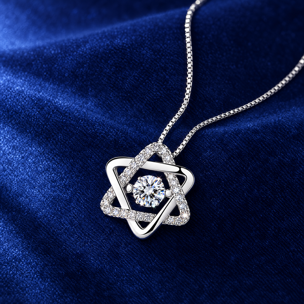 Moissanite Star of David pendant on royal blue velvet