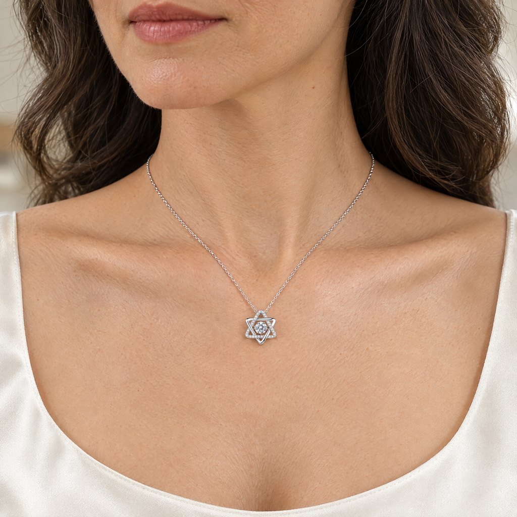 Moissanite Star of David necklace worn, shown at real size on a 16 inch chain