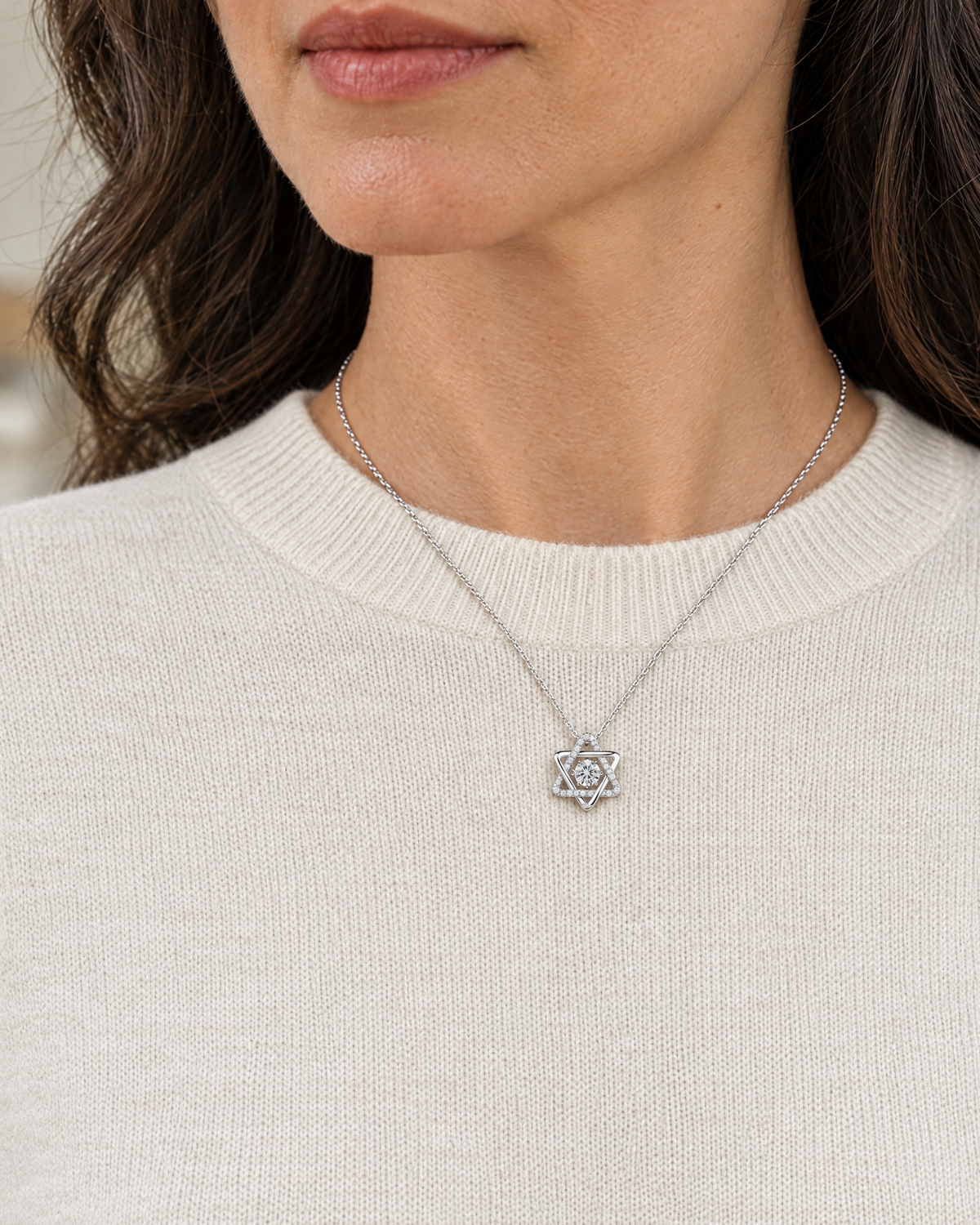 Moissanite Star of David necklace worn, shown at real size on a 16 inch chain