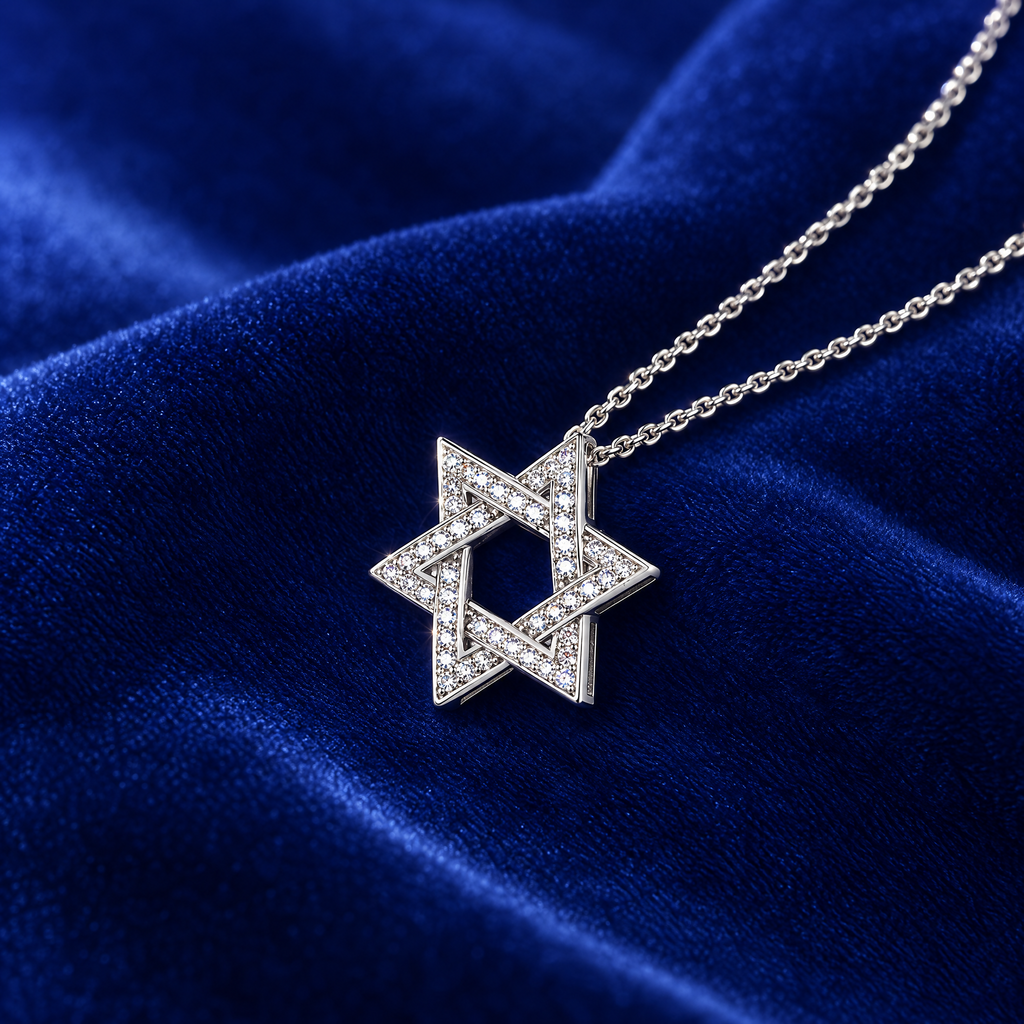 Moissanite Magen David pendant on royal blue velvet