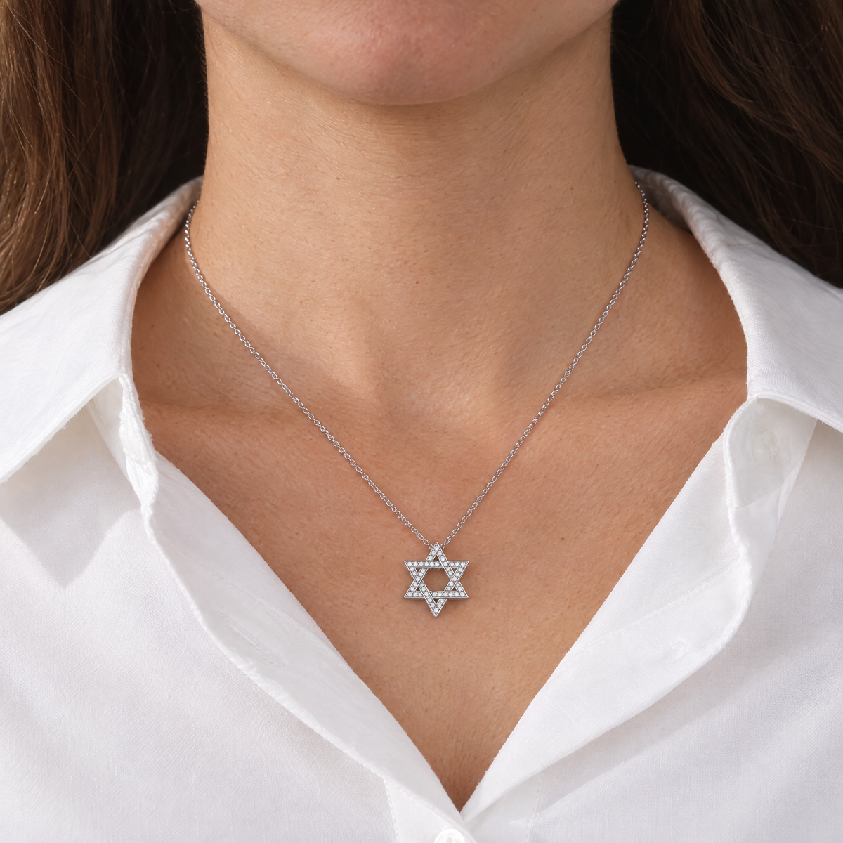 Moissanite Magen David pendant worn at real size, 20 x 17 mm