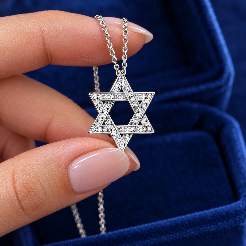 Moissanite Magen David pendant held in the fingers to show its size
