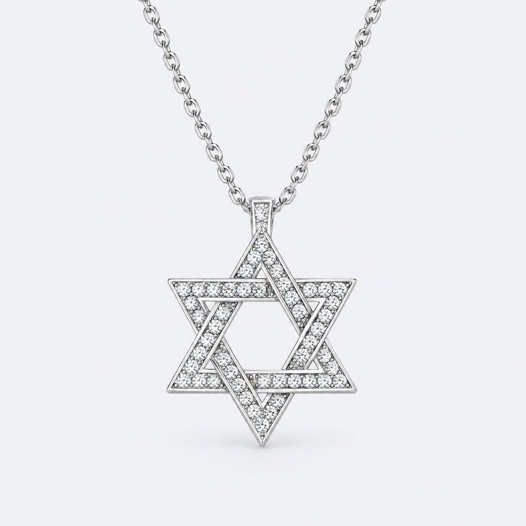 Moissanite Magen David pendant in 925 sterling silver, studio photo
