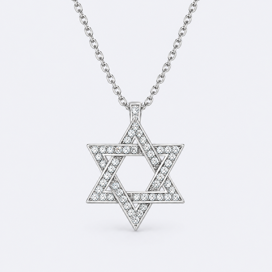 Moissanite Magen David pendant in 925 sterling silver, studio photo