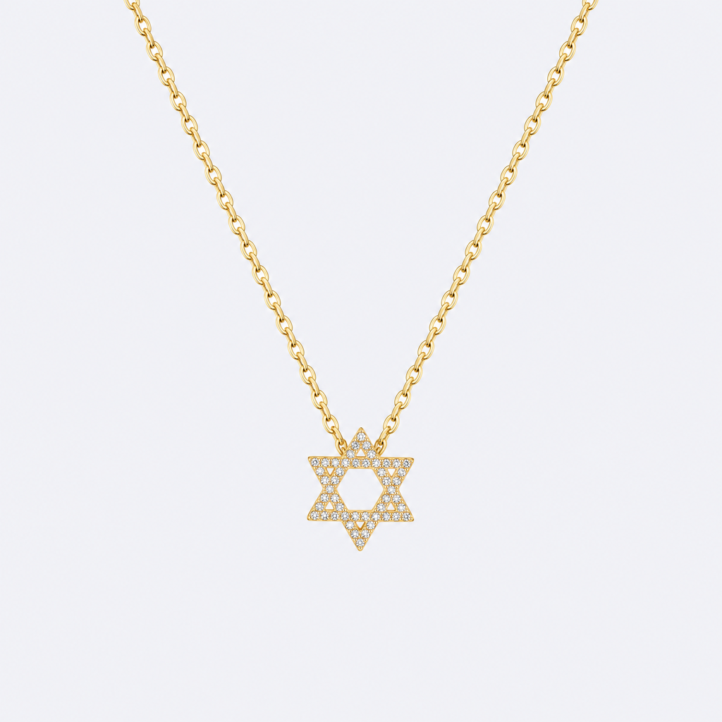Sterling Star of David necklace with 18K gold plating, studio photo