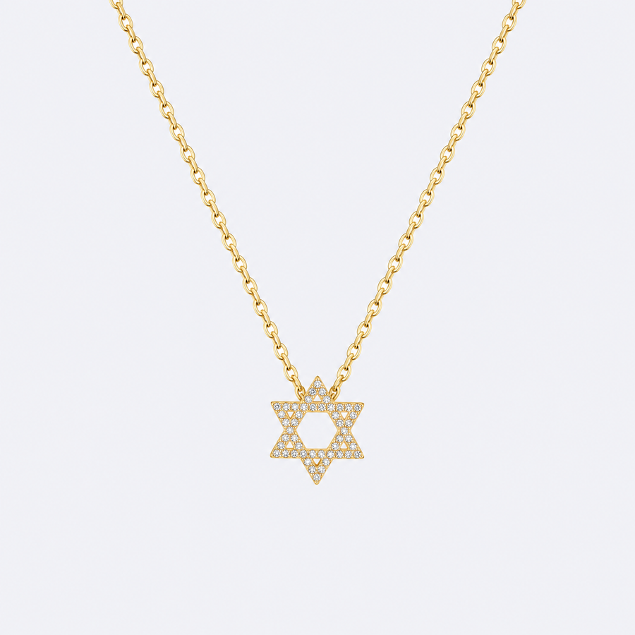 Sterling Star of David necklace with 18K gold plating, studio photo