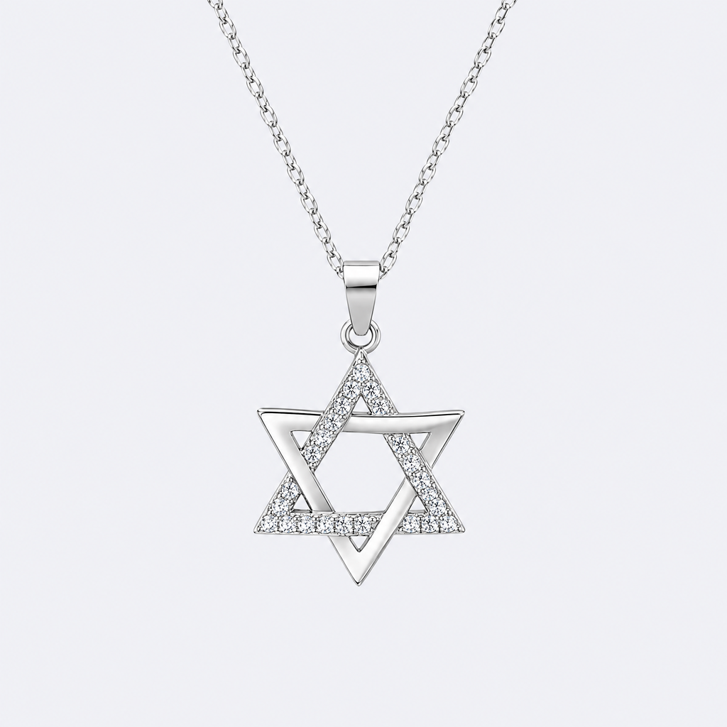 Open Star of David necklace in sterling silver, studio photo