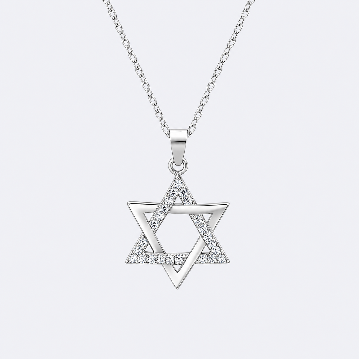 Open Star of David necklace in sterling silver, studio photo