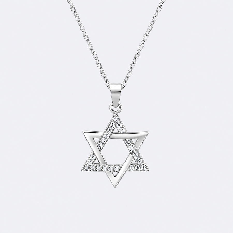 Open Star of David necklace in sterling silver, studio photo