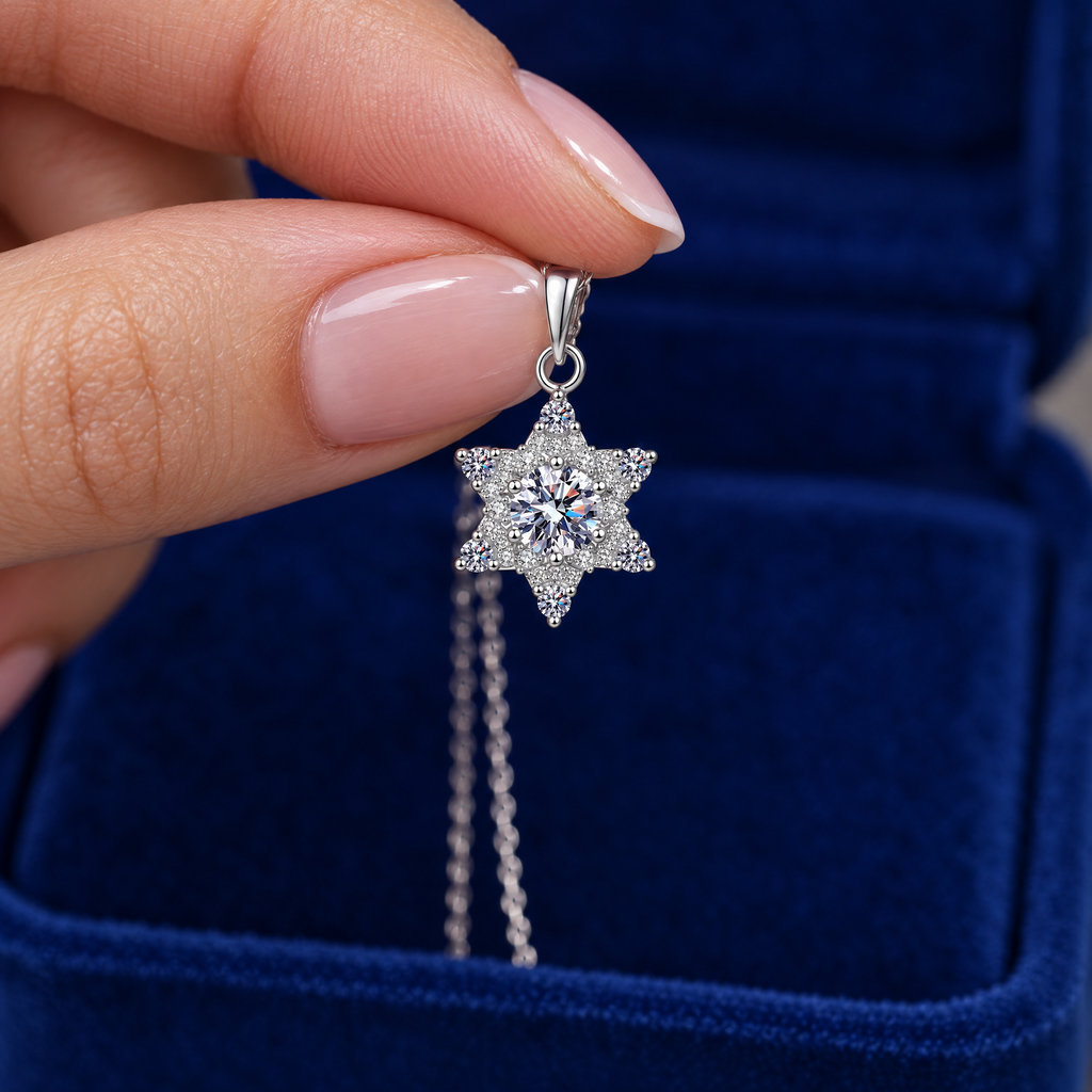 1 carat moissanite star pendant held in the fingers to show its size