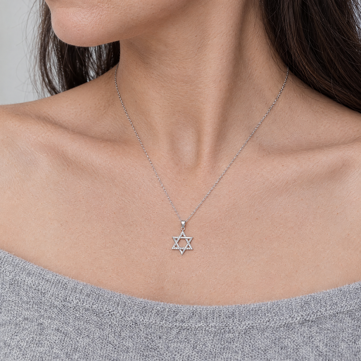 Open Star of David necklace worn at real size