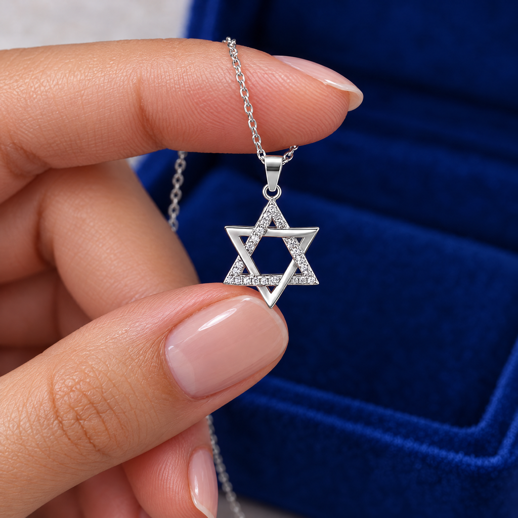 Open Star of David pendant held in the fingers to show its size