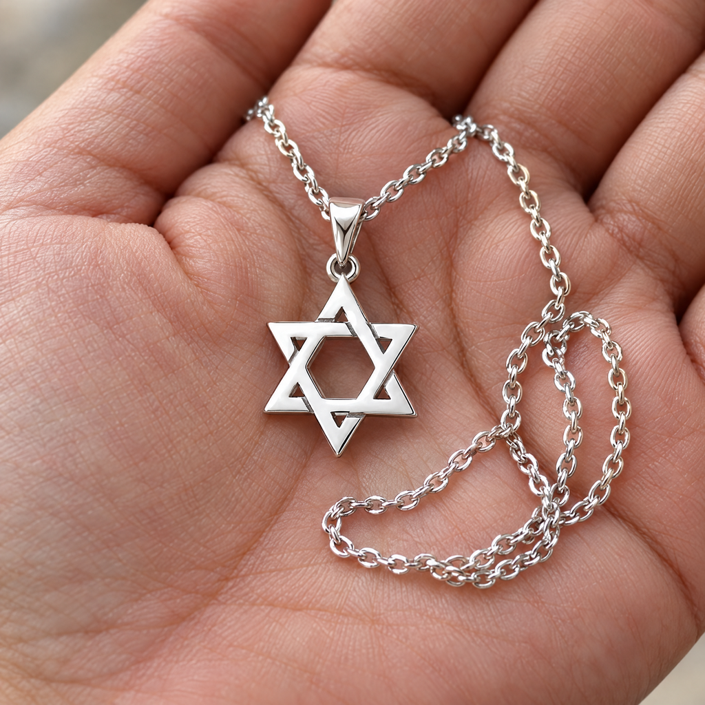 Heritage Magen David pendant in sterling silver in the hand, to show its real size (20 x 12 mm)