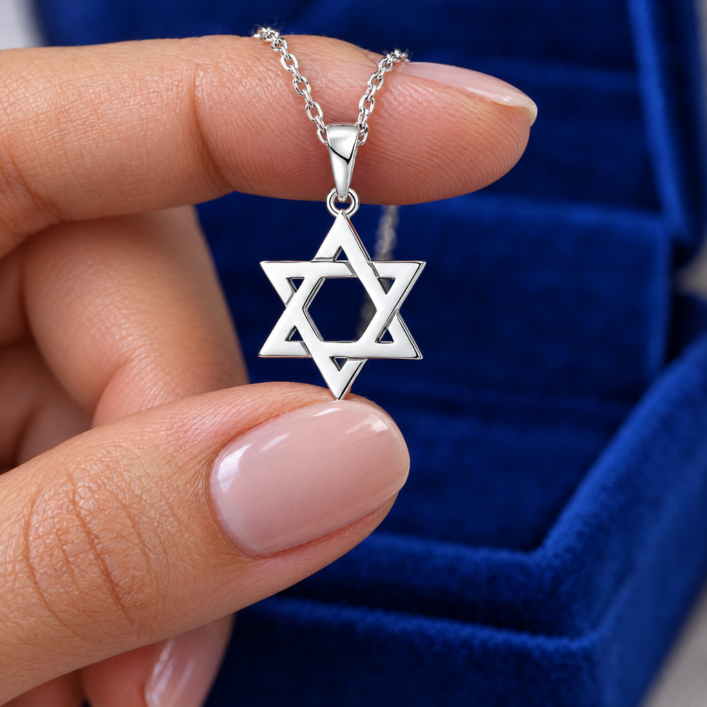 Classic Magen David necklace in sterling silver in the hand, to show its real size (20 x 12 mm)