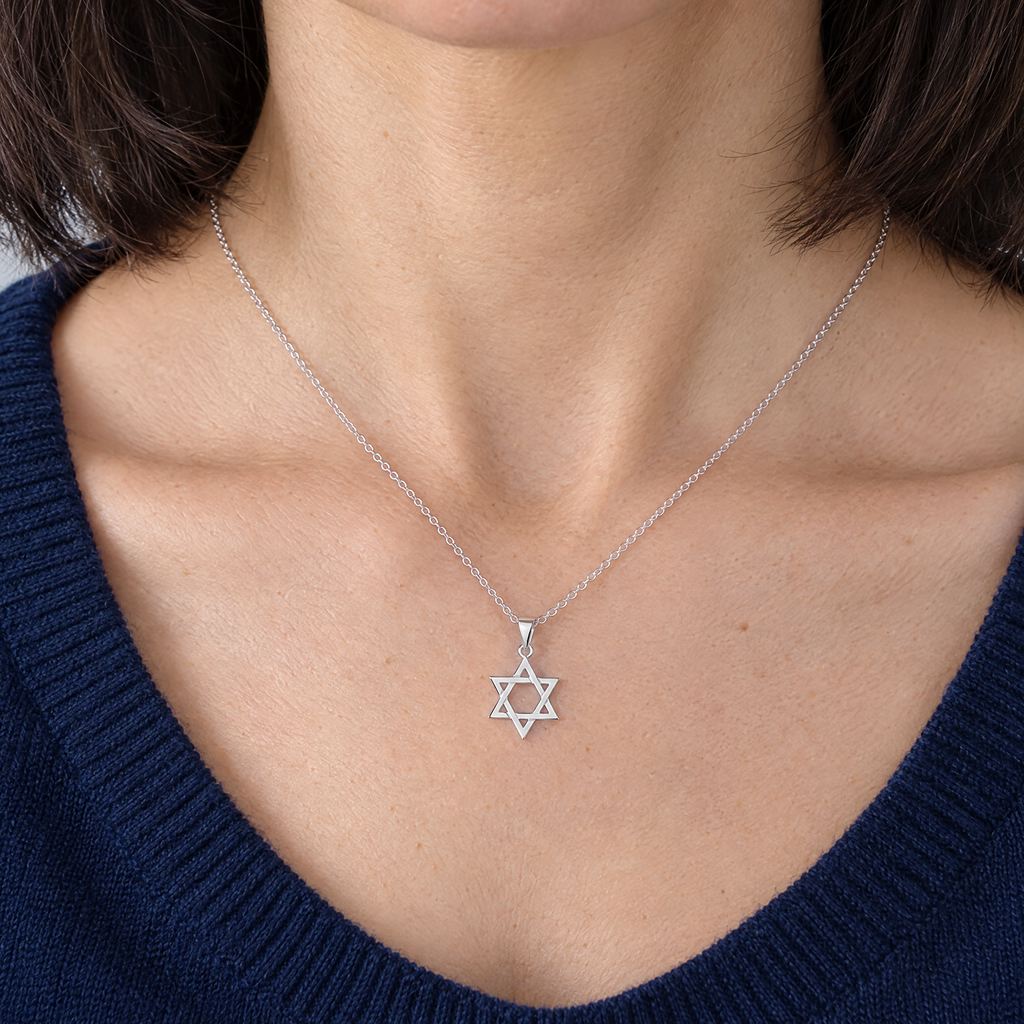 Classic Magen David necklace in sterling silver worn, shown at real size (20 x 12 mm)