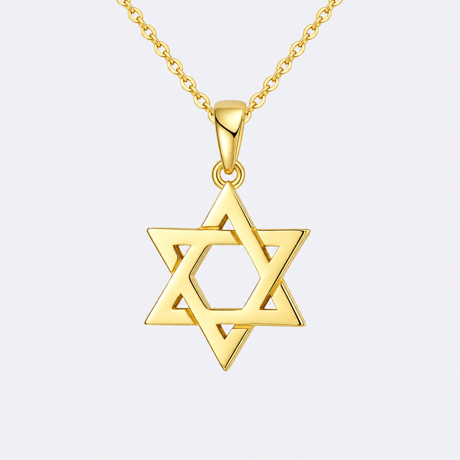 Gold Magen David necklace in sterling silver, studio photo