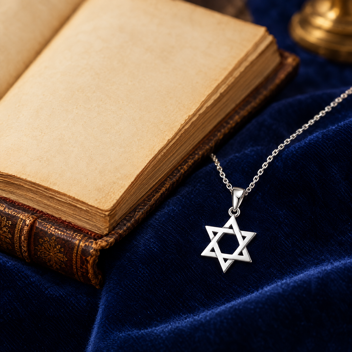Heritage Magen David pendant in sterling silver on royal blue velvet