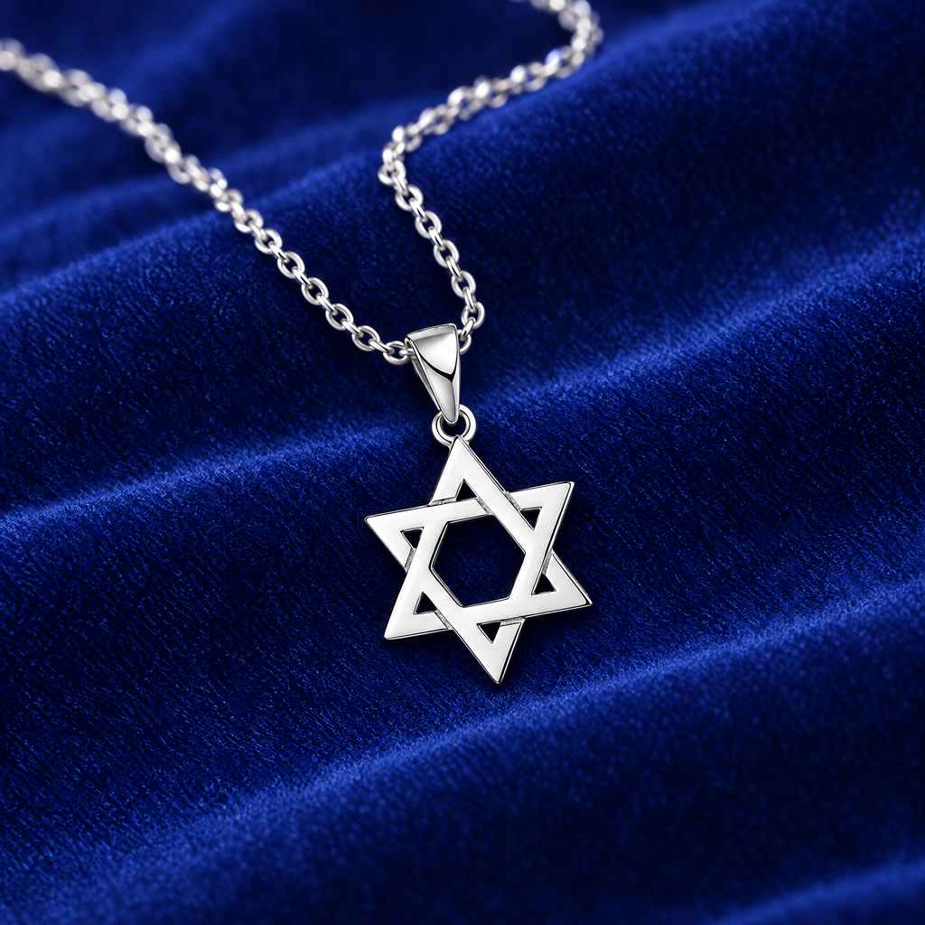 Classic Magen David necklace in sterling silver on royal blue velvet