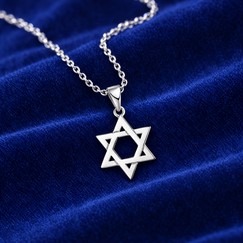 Classic Magen David necklace in sterling silver on royal blue velvet