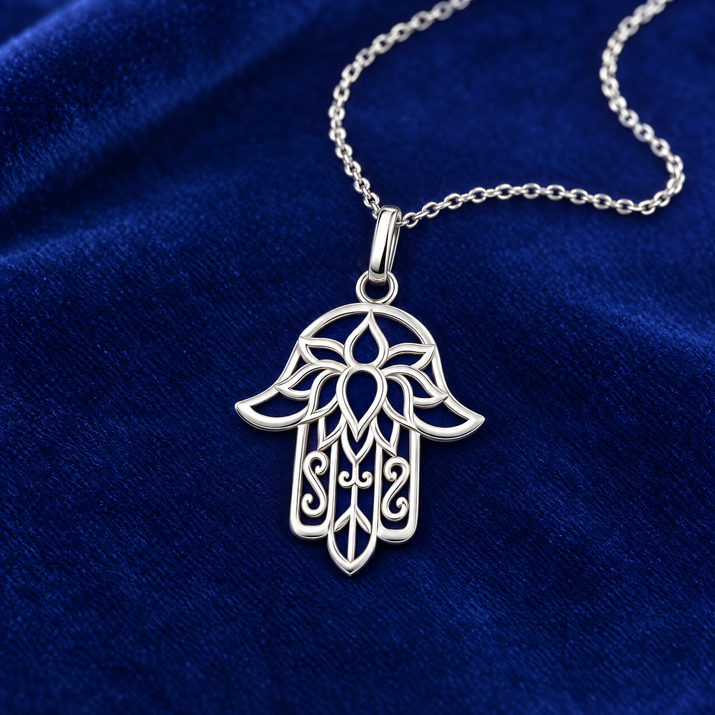 Lace hamsa necklace in sterling silver on royal blue velvet