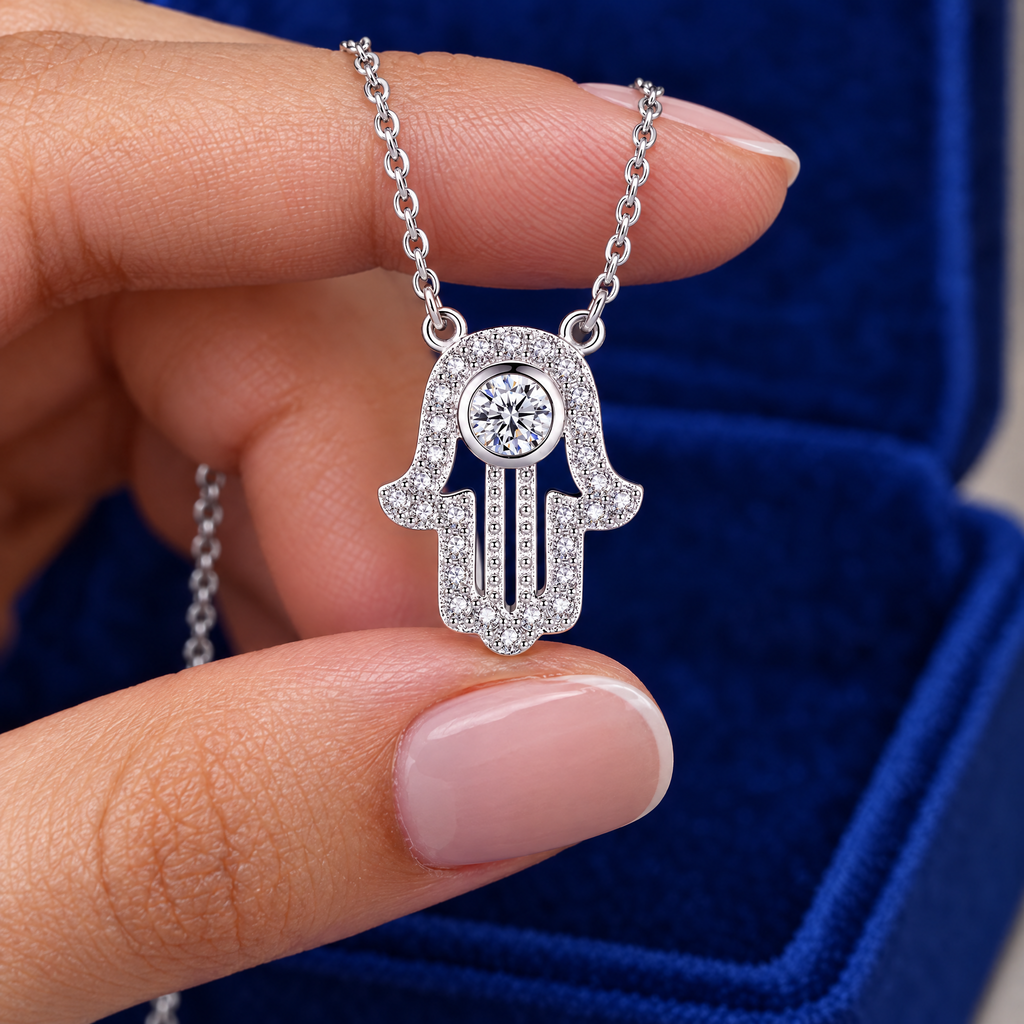 Pavé hamsa necklace in sterling silver in the hand, to show its real size (15 x 12 mm)