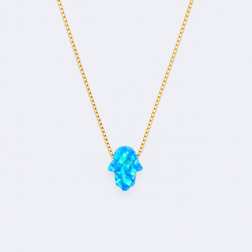 Blue opal hamsa necklace, studio photo