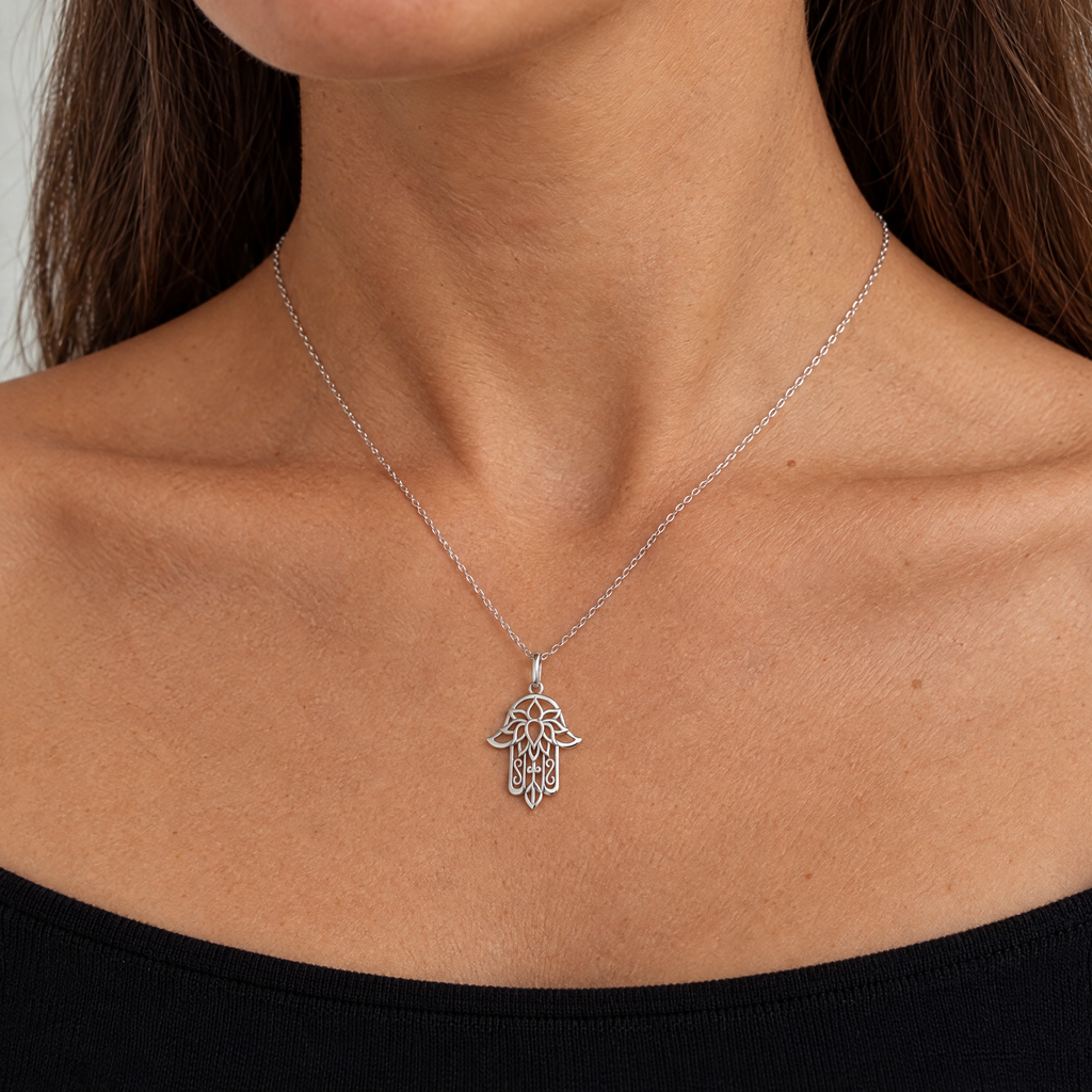 Lace hamsa necklace in sterling silver worn, shown at real size (27 x 19.5 mm)