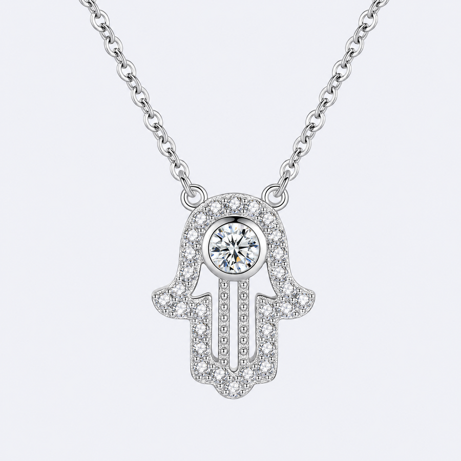 Pavé hamsa necklace in sterling silver, studio photo