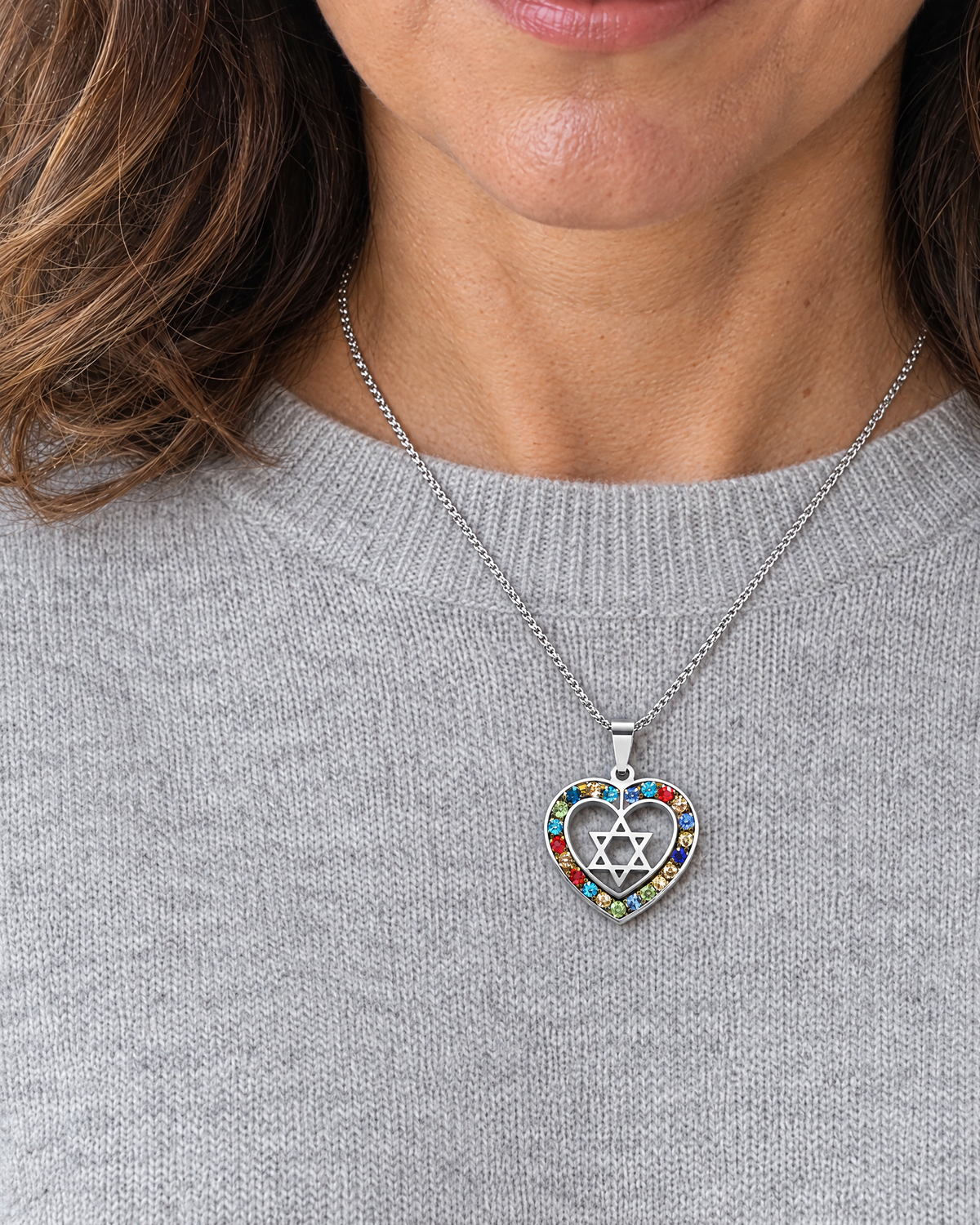 Star of David heart necklace worn, shown at real size (27 x 27 mm)