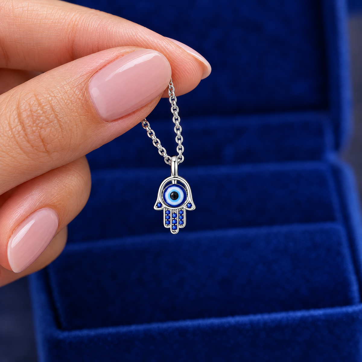 Sterling silver hamsa necklace with blue eye in the hand, to show its real size (17.5 x 9.8 mm)