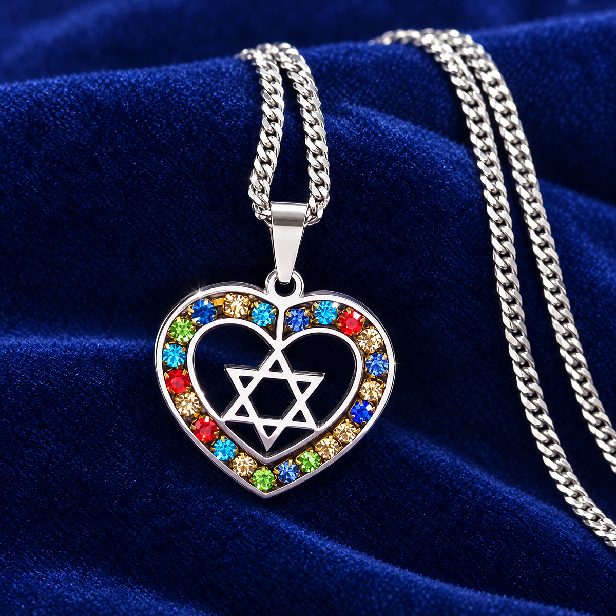 Star of David heart necklace on royal blue velvet