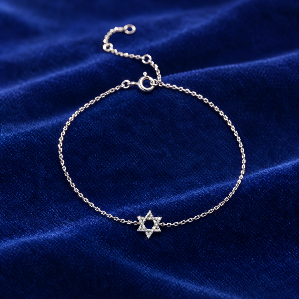 Star of David bracelet in sterling silver on royal blue velvet