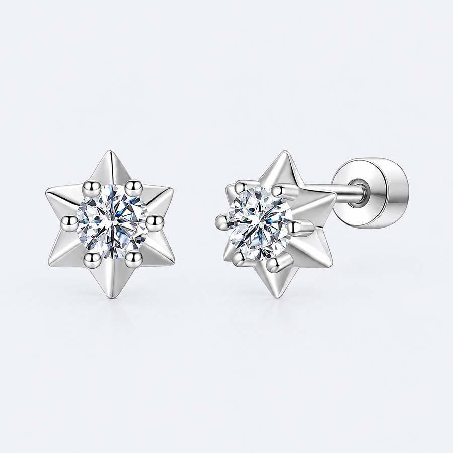 Moissanite star stud earrings in sterling silver, studio photo