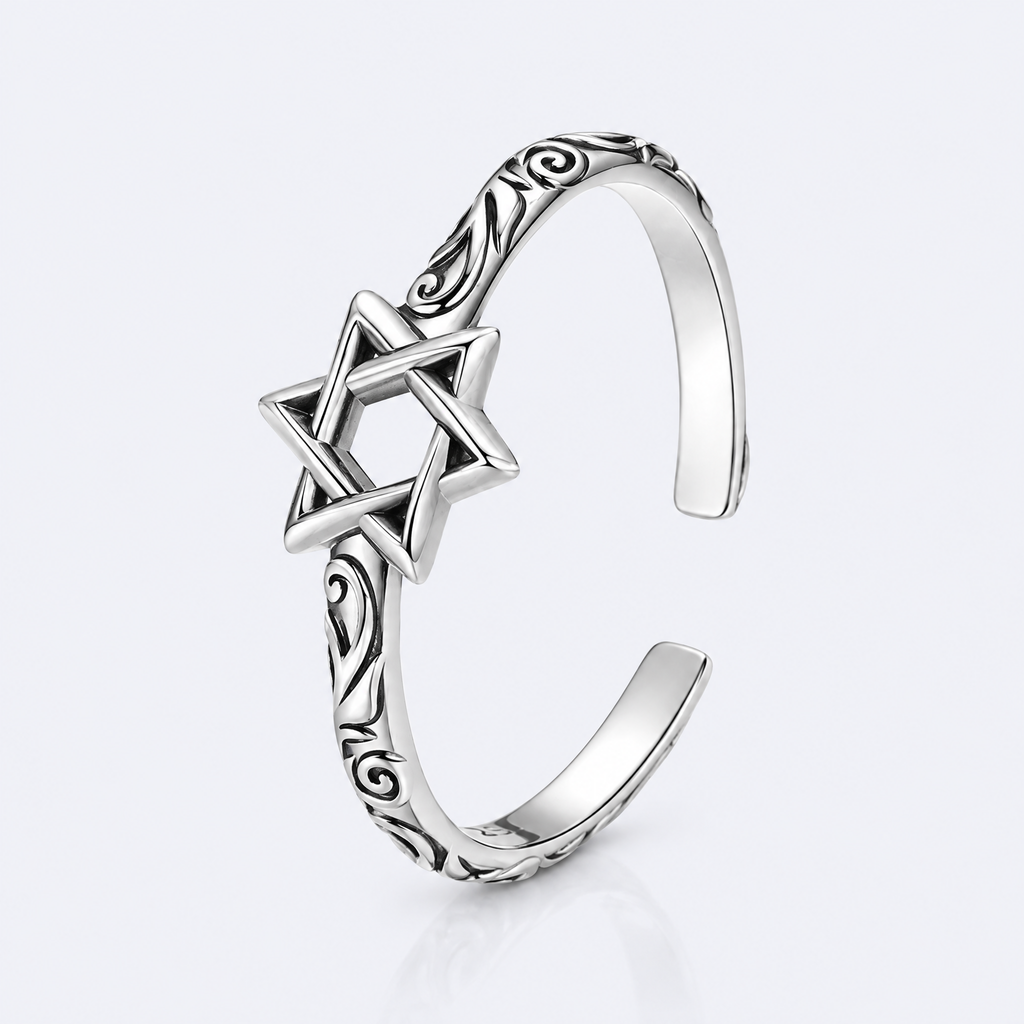 Adjustable Star of David ring in sterling silver, studio photo