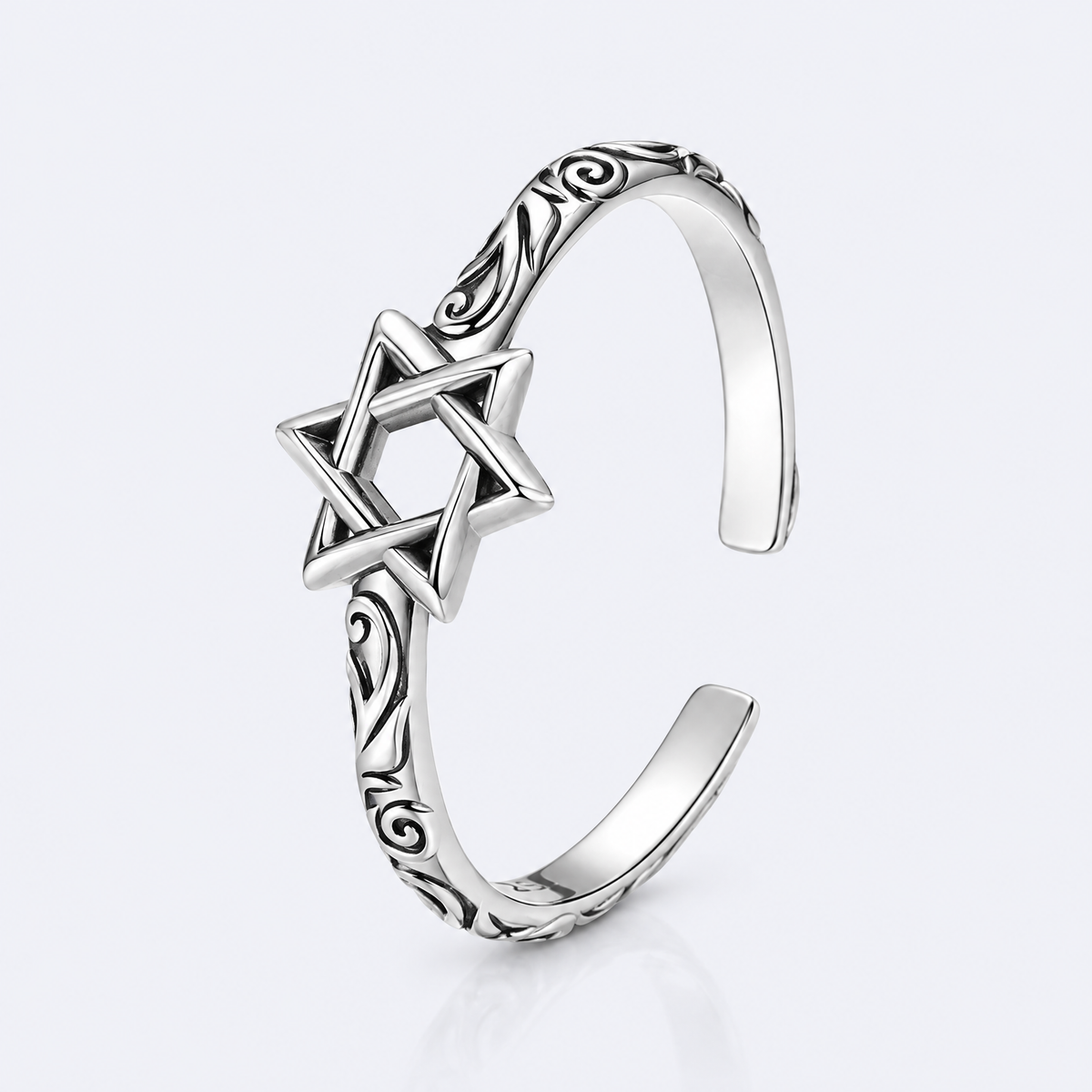 Adjustable Star of David ring in sterling silver, studio photo