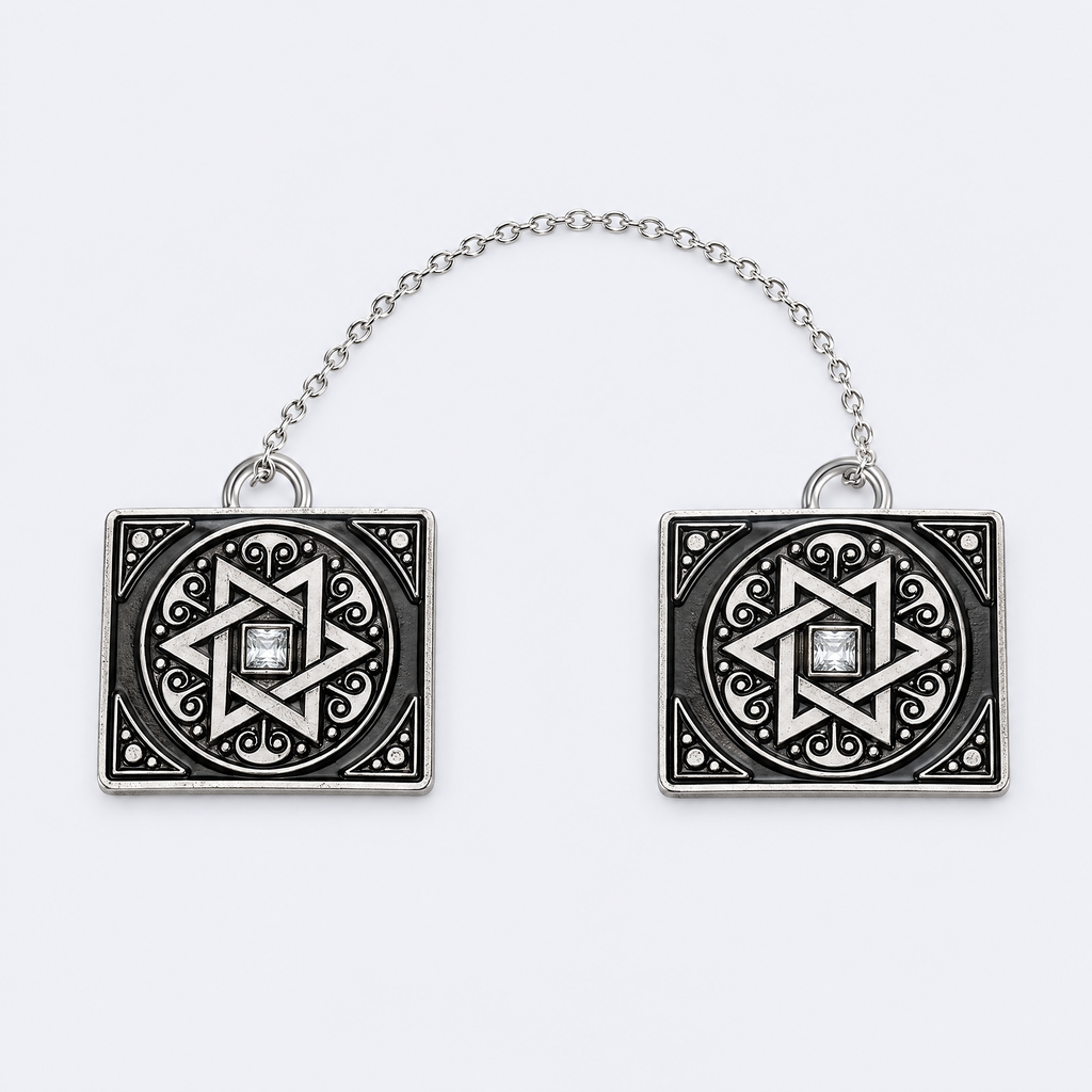 Star of David tallit clips, studio photo