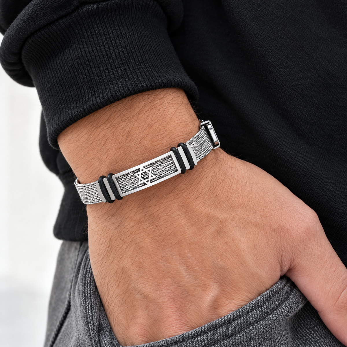 Men's Star of David bracelet worn, shown at real size (44 x 11 mm plate)