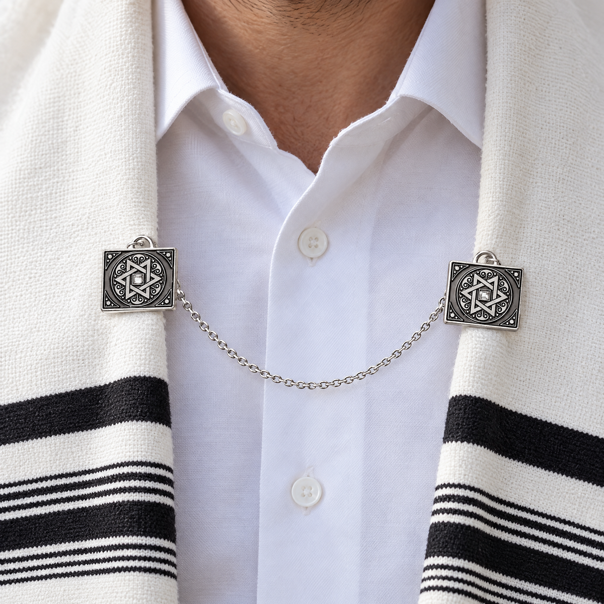 Star of David tallit clips on a prayer shawl, shown at real size (35 x 30 mm per clip)