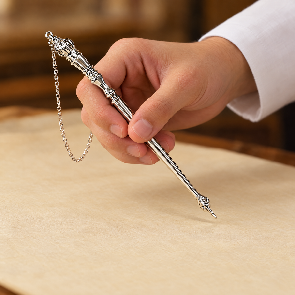 Torah pointer (yad) held by a Bar Mitzvah boy, shown at real size (17 cm)