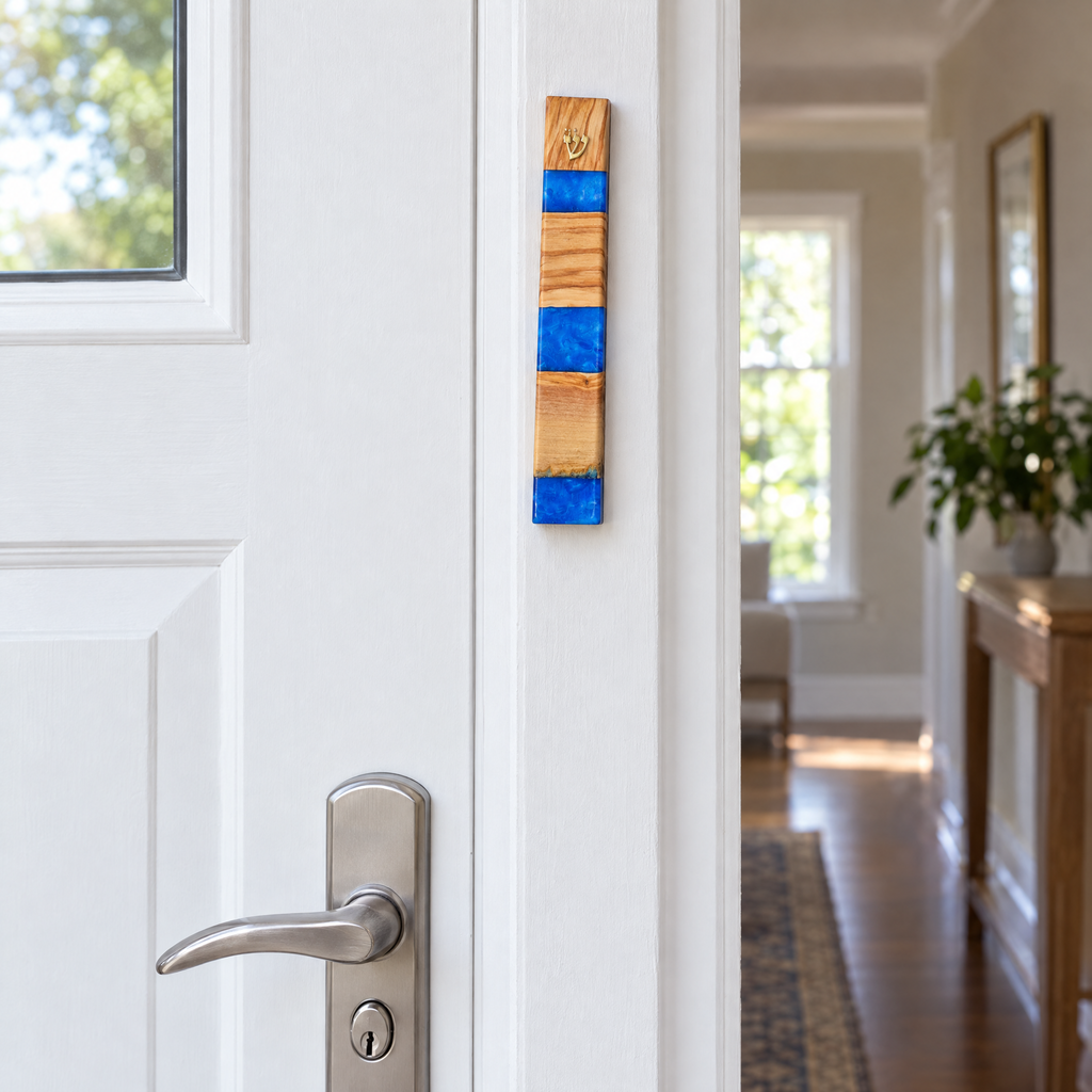 Olive wood and blue resin mezuzah case on a doorpost, shown at real size (18 x 3.2 cm)