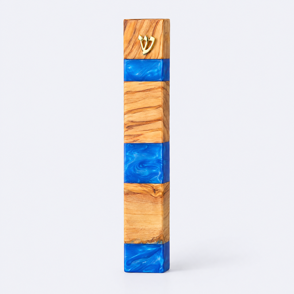 Olive wood and blue resin mezuzah case, studio photo