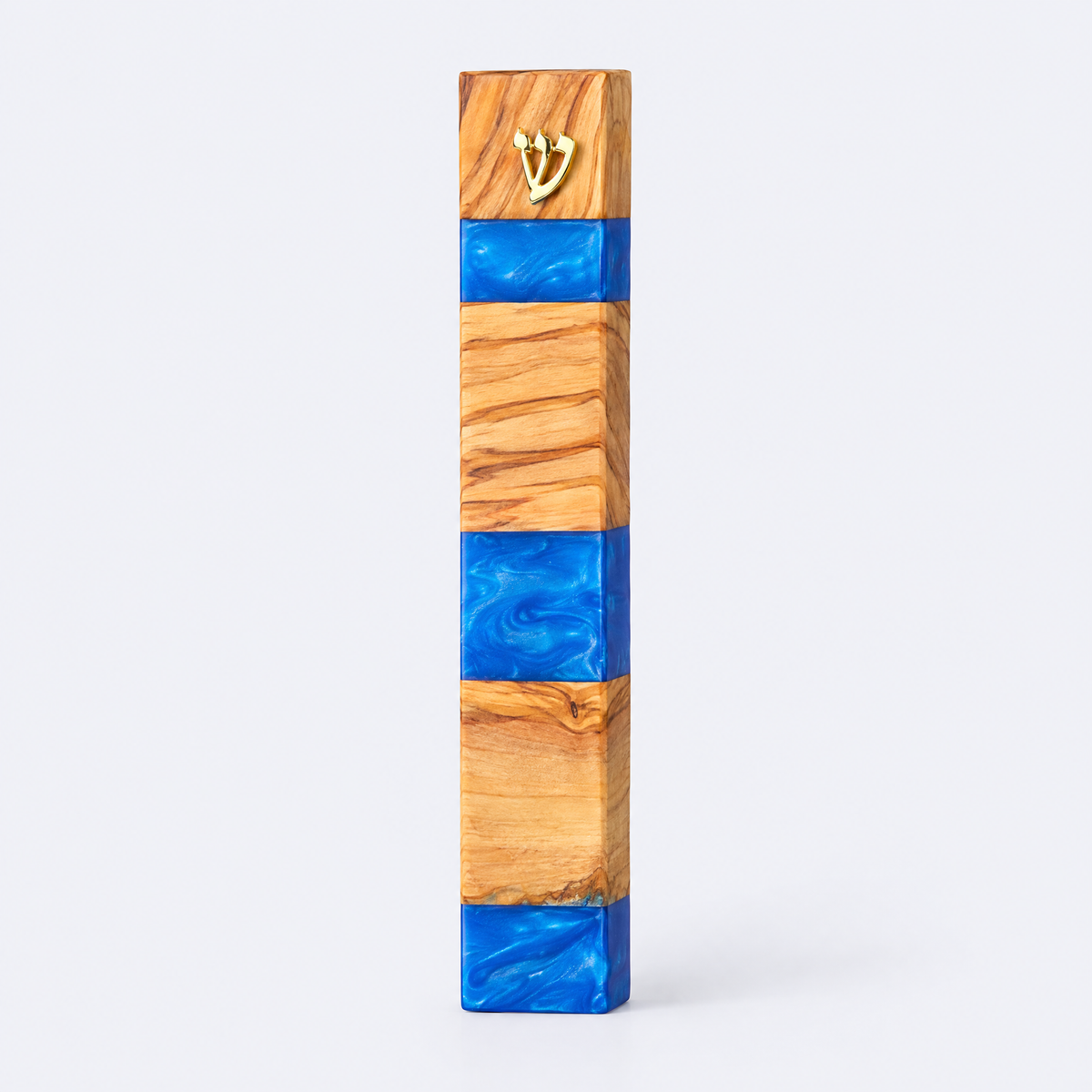 Olive wood and blue resin mezuzah case, studio photo