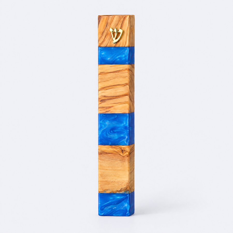 Olive wood and blue resin mezuzah case, studio photo