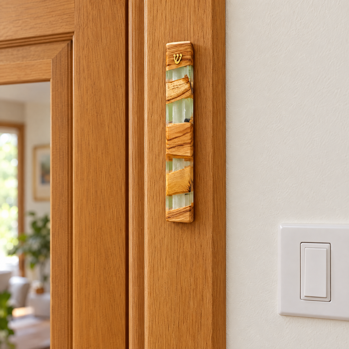 Olive wood and clear resin mezuzah case on a doorpost, shown at real size (18 x 3.2 cm)