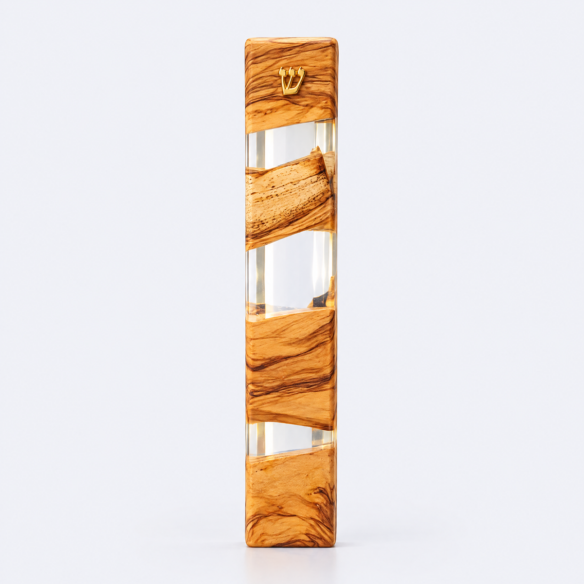 Olive wood and clear resin mezuzah case, studio photo