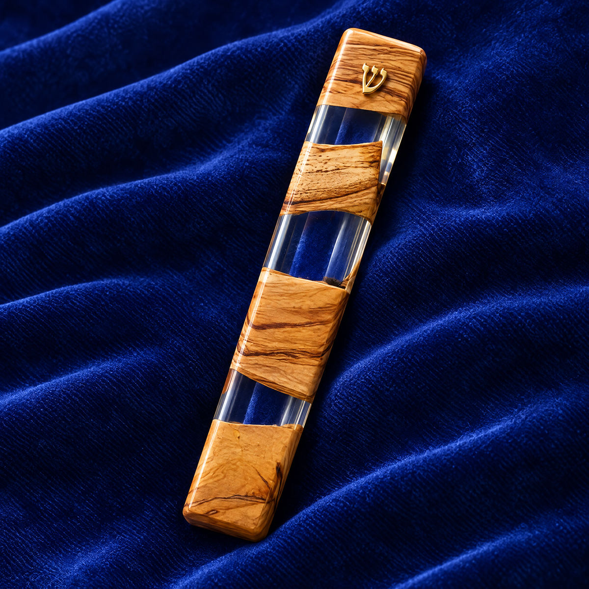 Olive wood and clear resin mezuzah case, close-up detail